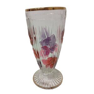 Vintage Carnival Glass Clear Pink Floral Footed Flower Vase Mid Century Modern